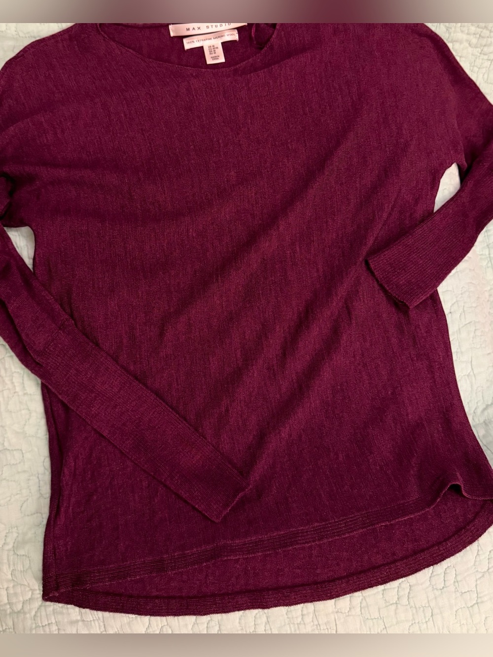 Max Studio plum long sleeve thin weight fall top ultra fine merino wool size M